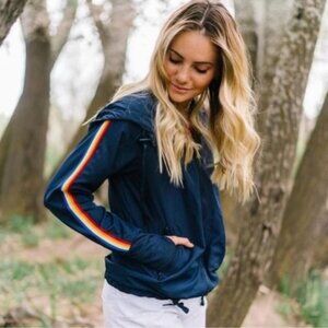 Zyia Women's Navy Blue & Rainbow Stripe Hooded Windbreaker Jacket Size Small